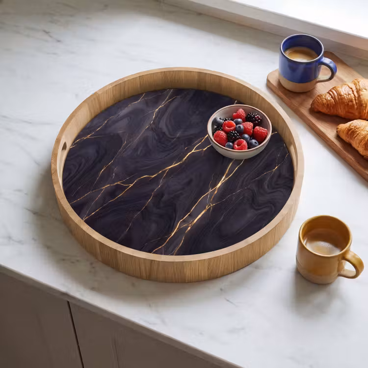 Marmer - Goudaders - Abstract - Modern - Zwart Dienblad Rond middel -sfeer2