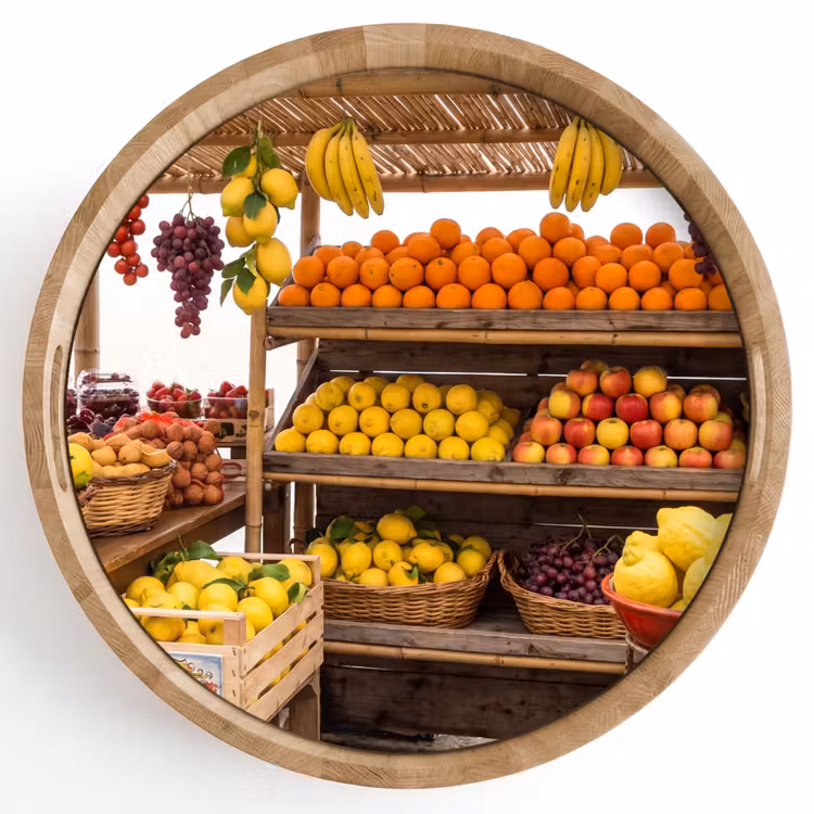 Tray - Market Stall - Fruit - Fresh - Marktkraam - Fruit - Vers Dienblad Rond middel