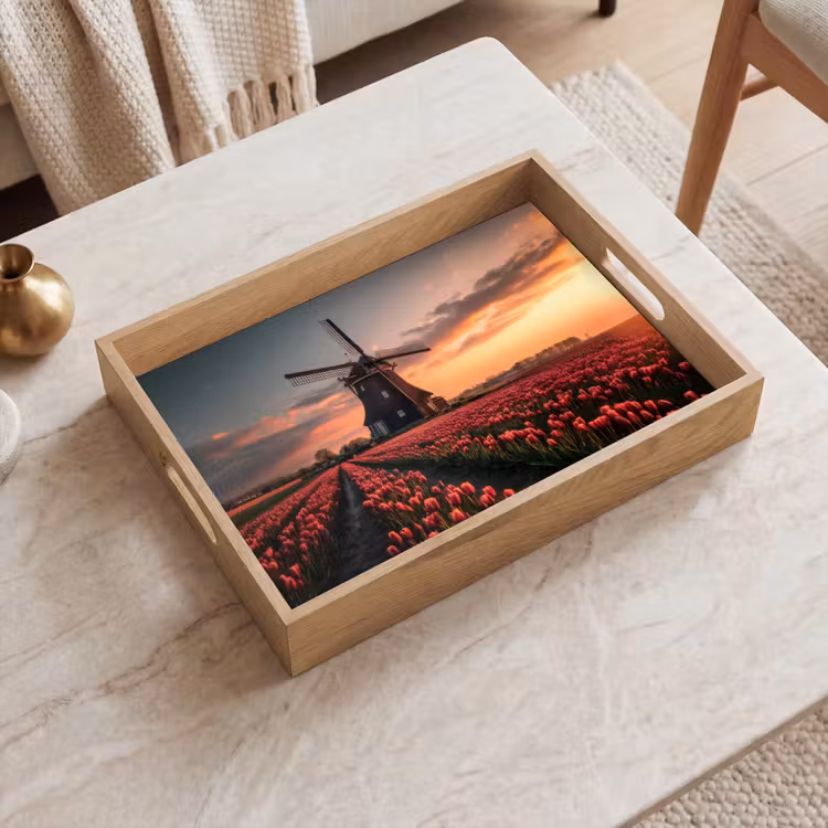 Molen - Zonsondergang - Tulpen - Rood Dienblad Rechthoek middel -sfeer1