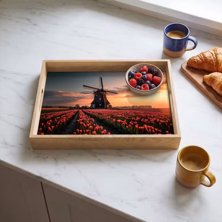 Molen - Zonsondergang - Tulpen - Rood Dienblad Rechthoek middel -sfeer2