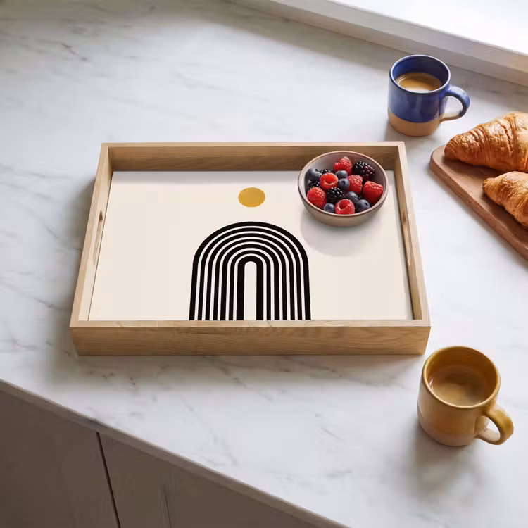 Minimalistisch - Zwarte boog - Gouden cirkel Dienblad Rechthoek middel -sfeer2