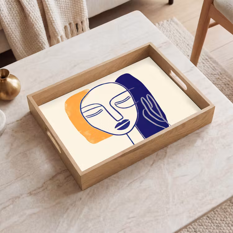 Minimalistisch - Gezicht - Hand - Oranje - Blauw Dienblad Rechthoek middel -sfeer1