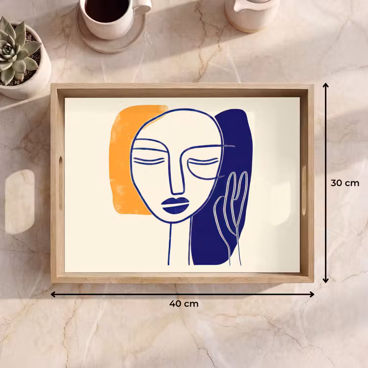 Minimalistisch - Gezicht - Hand - Oranje - Blauw Dienblad Rechthoek middel -USP_Formaat