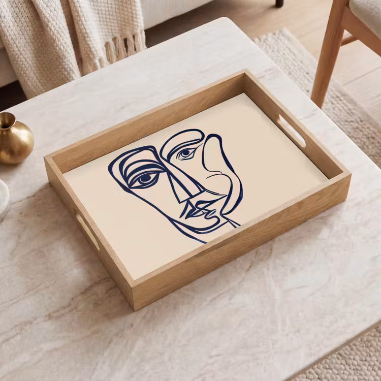 Minimalistisch - Lijnillustratie - Beige - Donkerblauw Dienblad Rechthoek middel -sfeer1