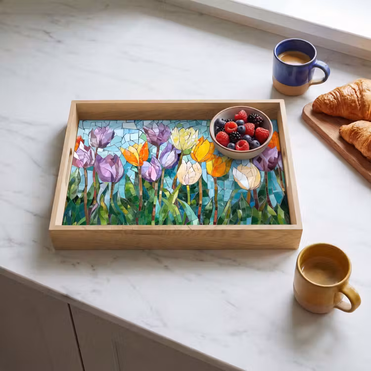 Mozaïek - Veld - Tulpen - Kleurrijk Dienblad Rechthoek middel -sfeer2