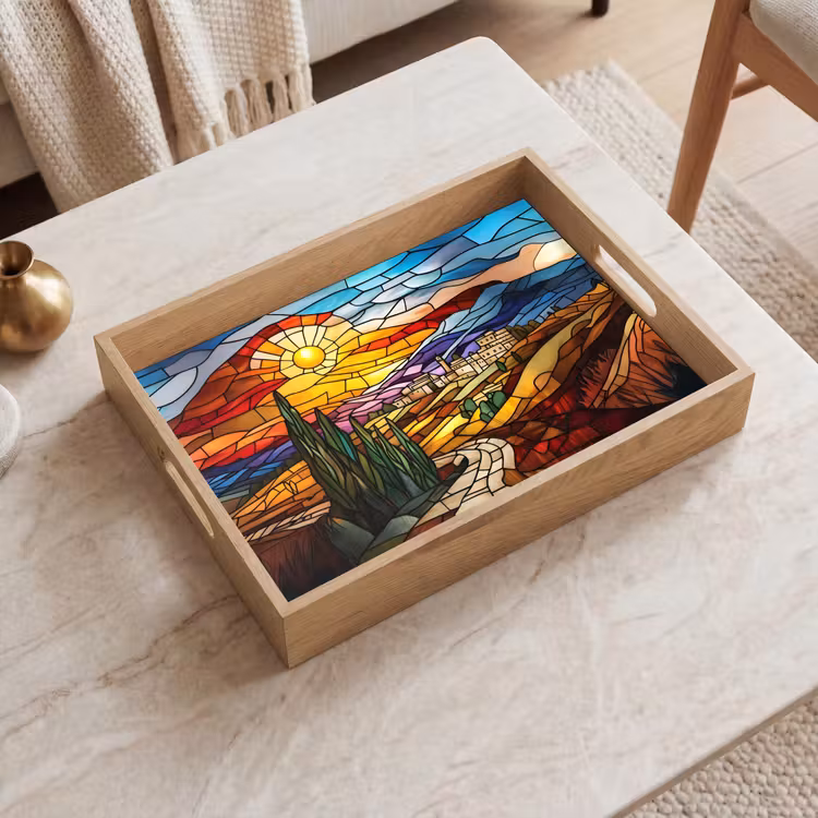 Mozaïek - Zon - Landschap - Dorp Dienblad Rechthoek middel -sfeer1