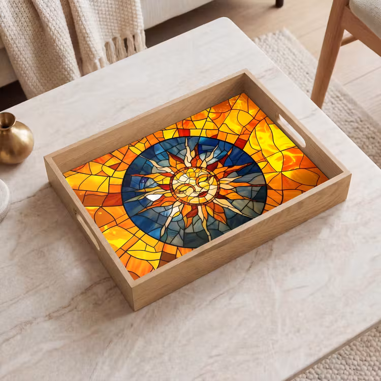 Mozaïek - Zon - Geel - Cirkel Dienblad Rechthoek middel -sfeer1