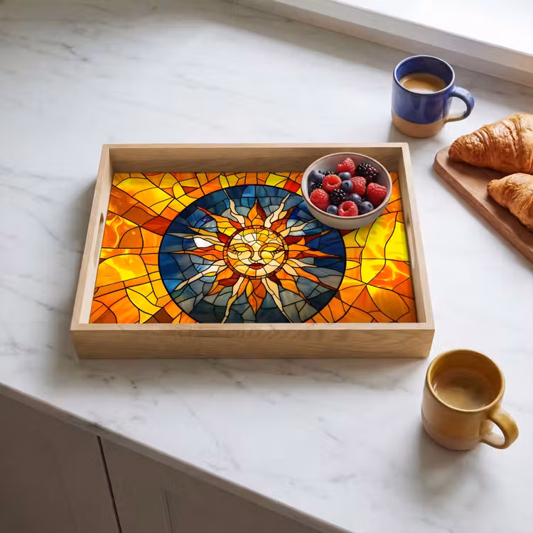 Mozaïek - Zon - Geel - Cirkel Dienblad Rechthoek middel -sfeer2