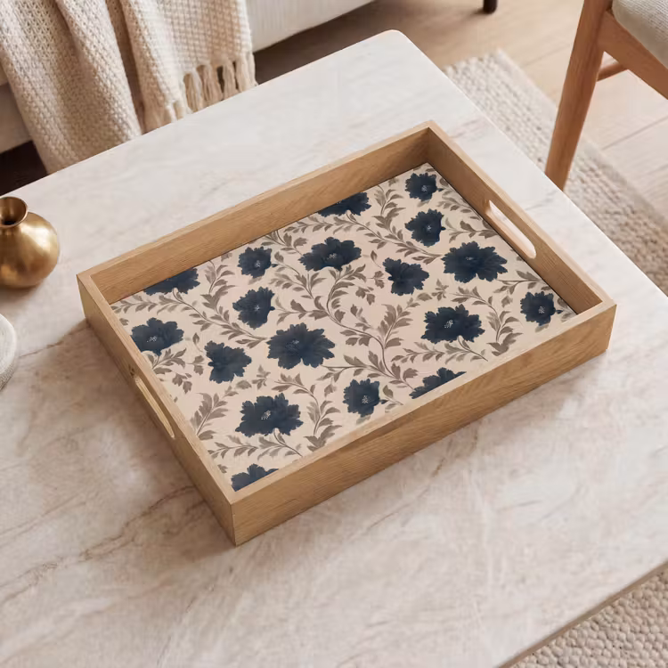 Motief - Bloemen - Zwart - Beige Dienblad Rechthoek middel 911 -sfeer1