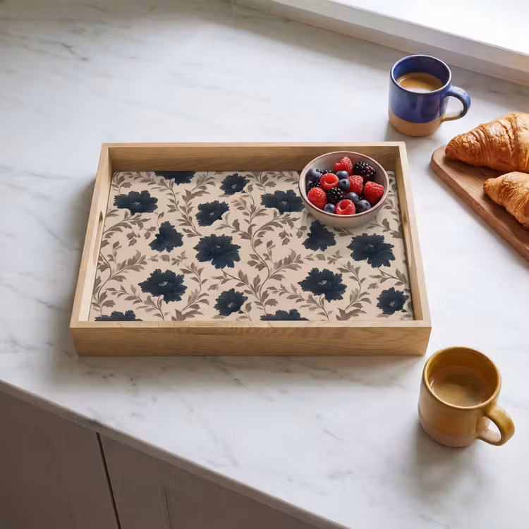 Motief - Bloemen - Zwart - Beige Dienblad Rechthoek middel 911 -sfeer2