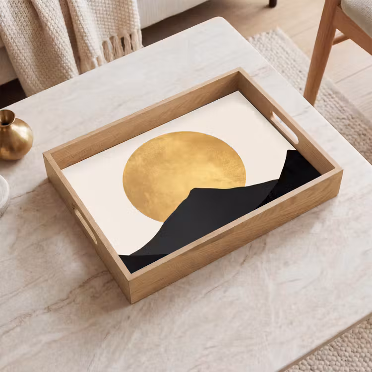 Bergsilhouetten - Gouden cirkel - Beige Dienblad Rechthoek middel -sfeer1