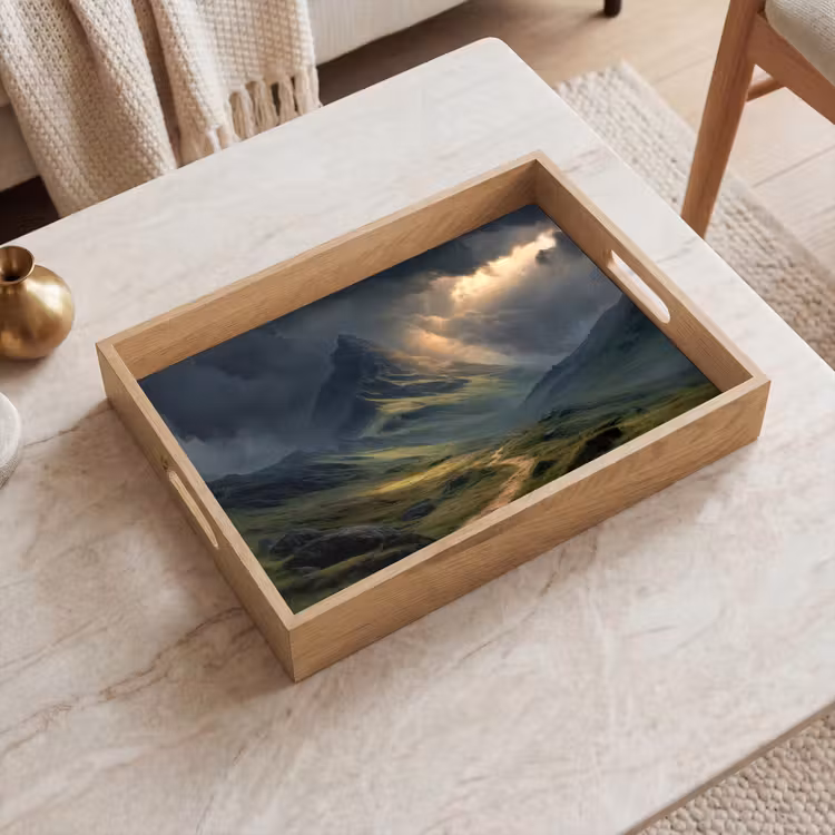 Bergen - Kronkelpad - Groen - Wolken Dienblad Rechthoek middel -sfeer1