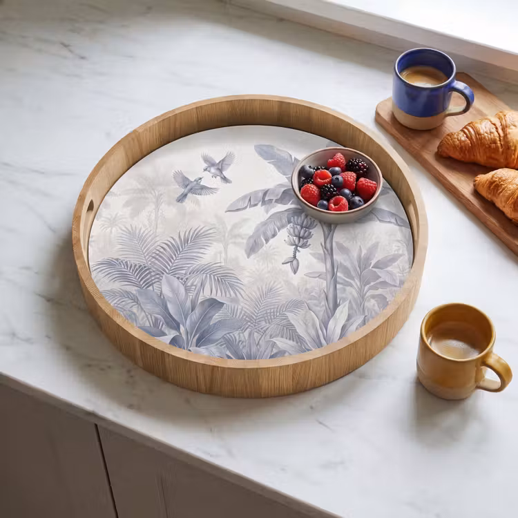 Natuur - Vogel - Jungle - Illustratie - Blauw Dienblad Rond middel -sfeer2