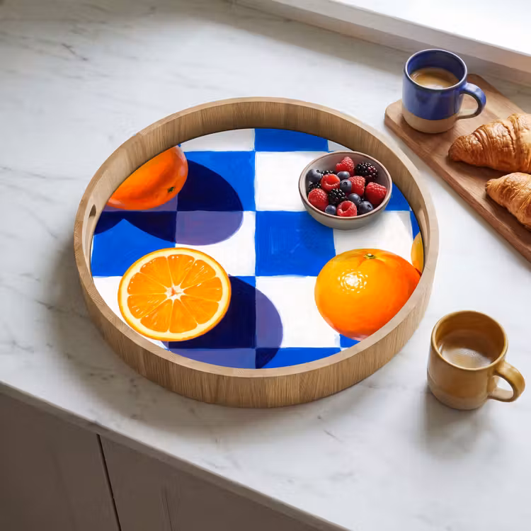 Tray - Orange - Checkered - Food - Sinaasappel - Geruit - Eten Dienblad Rond middel