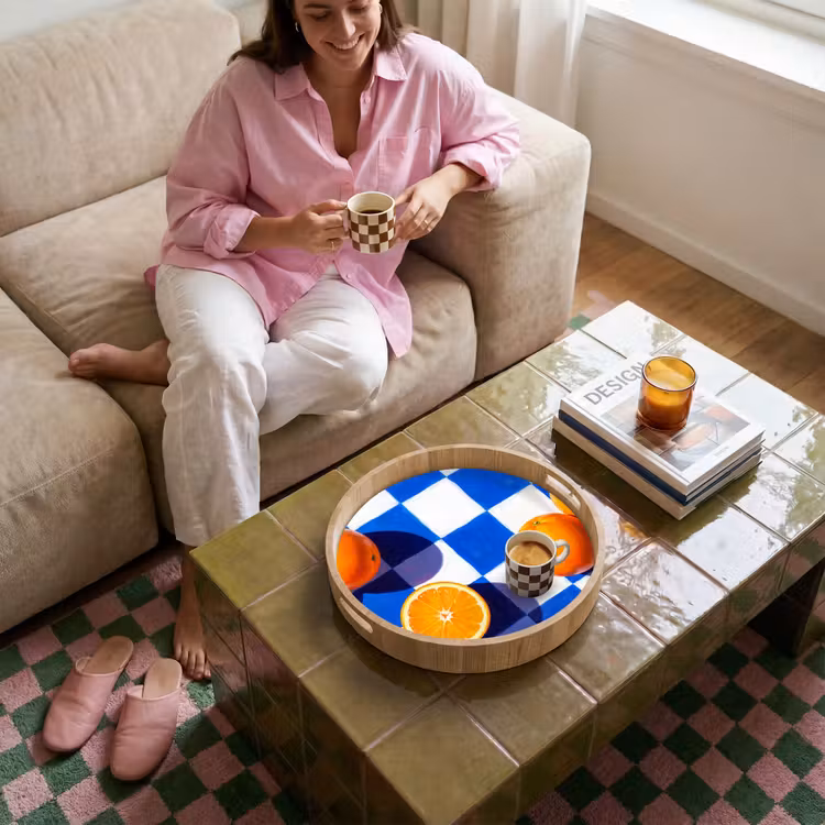 Tray - Orange - Checkered - Food - Sinaasappel - Geruit - Eten Dienblad Rond middel