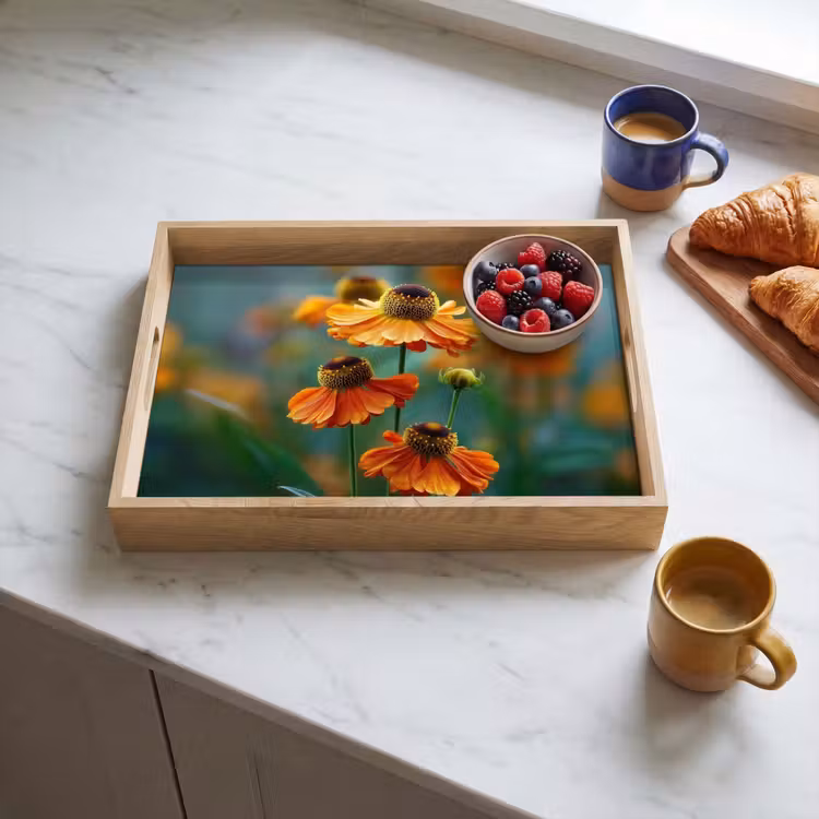 Oranje bloemen - Levendig - Wazige achtergrond Dienblad Rechthoek middel -sfeer2