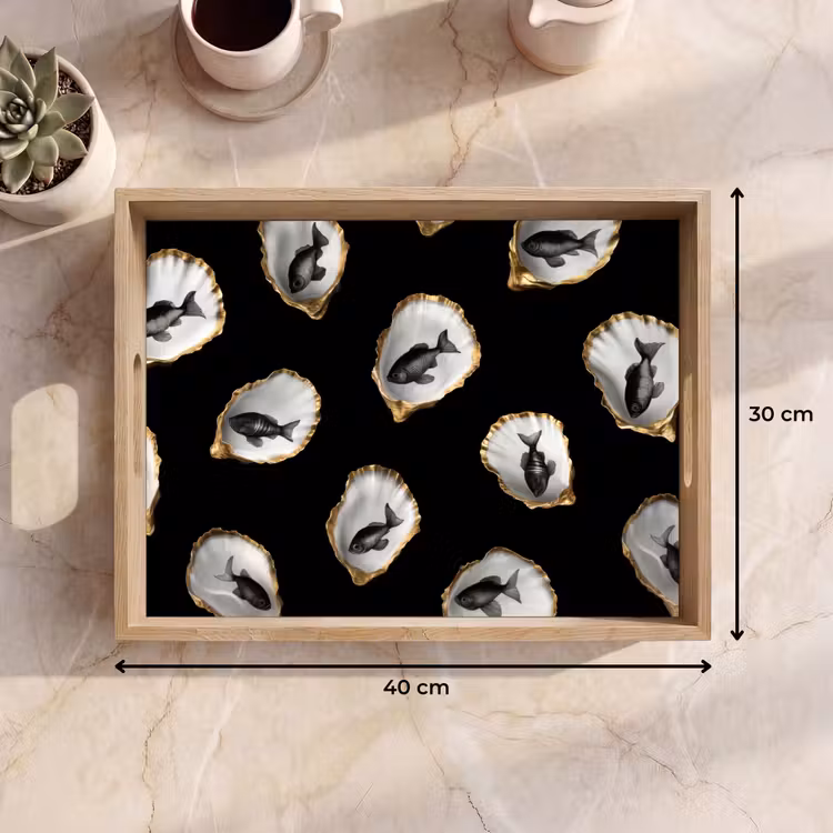Oesters - Zwart - Vissen - Goud Dienblad Rechthoek middel -USP_Formaat