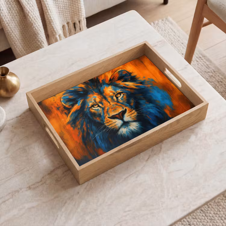 Schilderij - Leeuwenkop - Oranje Dienblad Rechthoek middel -sfeer1