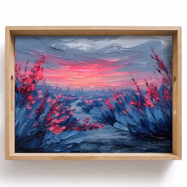 Schilderij - Zonsondergang - Bloemen - Rivier Dienblad Rechthoek middel -z3d_shopping