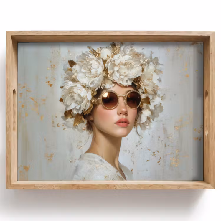 Schilderij - Vrouw - Zonnebril - Bloemenkrans Dienblad Rechthoek middel -z3d_shopping