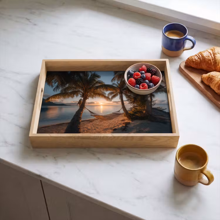 Palmbomen - Hangmat - Strand - Zonsondergang Dienblad Rechthoek middel -sfeer2