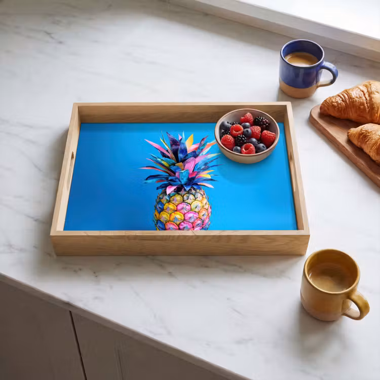 Ananas - Blauw - Tropisch - Vrolijk Dienblad Rechthoek middel -sfeer2