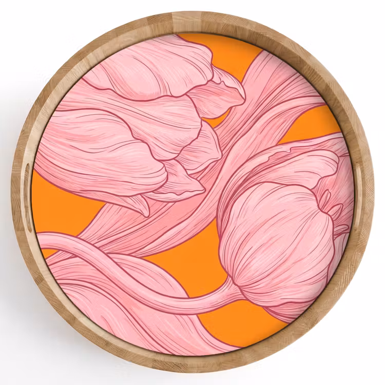 Tray - Pink Flowers - Modern - Roze bloemen - Modern Dienblad Rond middel