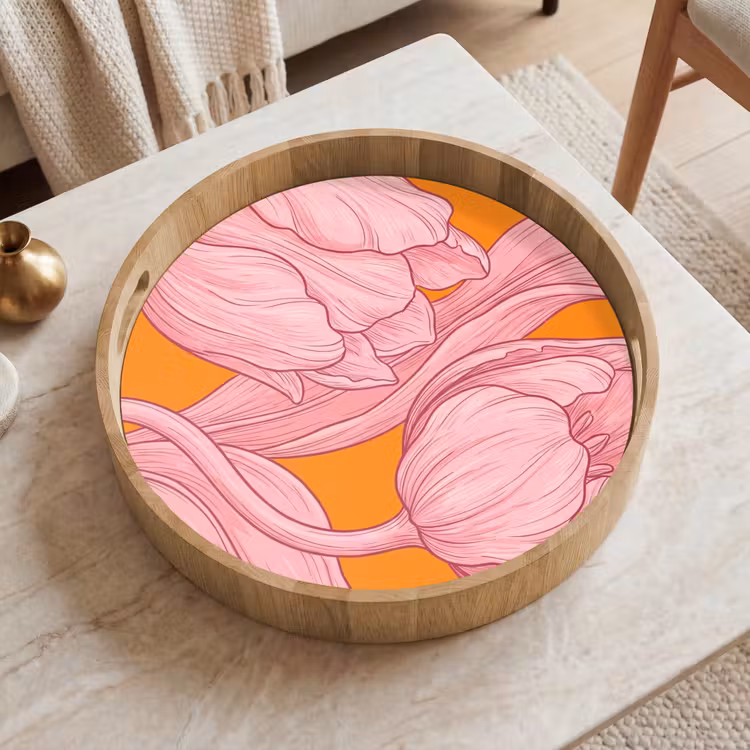Tray - Pink Flowers - Modern - Roze bloemen - Modern Dienblad Rond middel