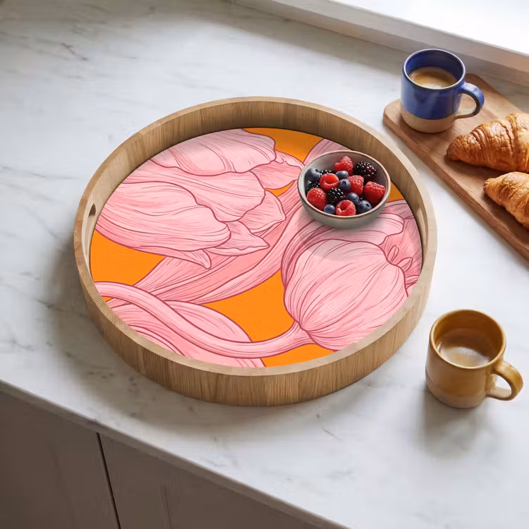Tray - Pink Flowers - Modern - Roze bloemen - Modern Dienblad Rond middel