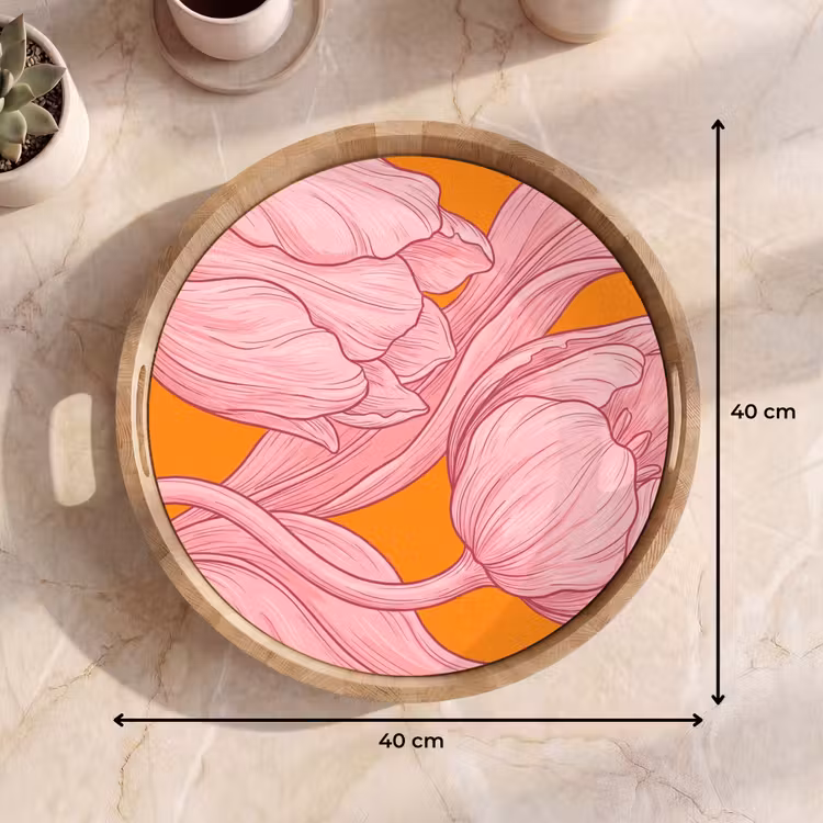Tray - Pink Flowers - Modern - Roze bloemen - Modern Dienblad Rond middel