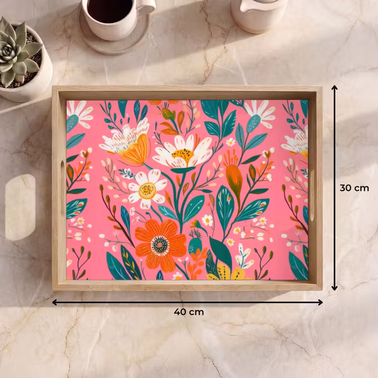Roze - Bloemen - Wit - Oranje Dienblad Rechthoek middel -USP_Formaat