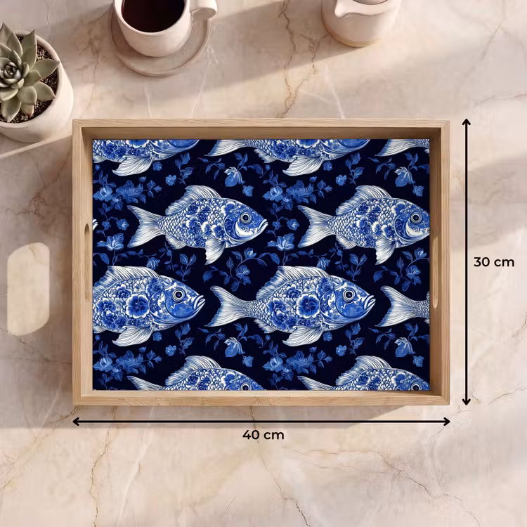 Vissen - Bloemen - Blauw Dienblad Rechthoek middel 911 -USP_Formaat