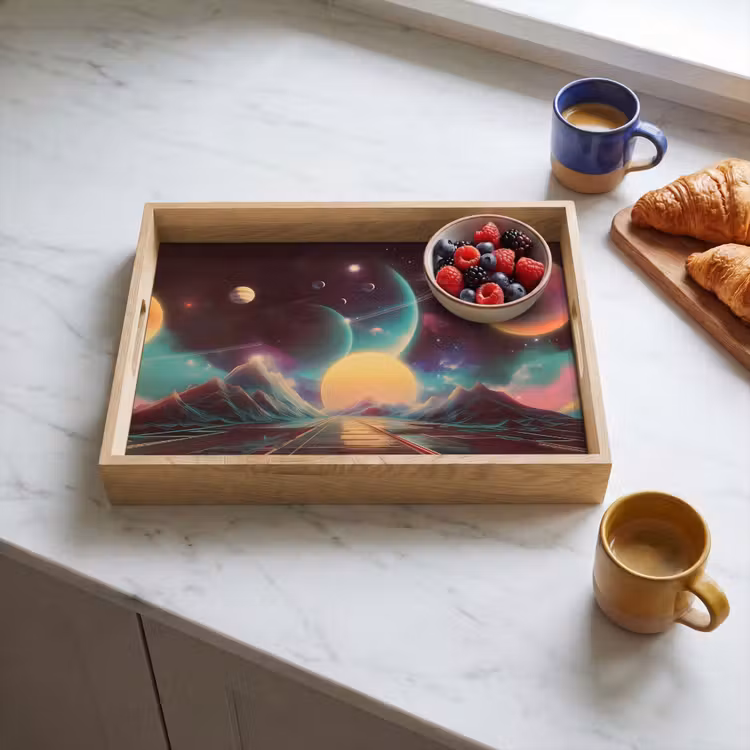 Planeten - Neon - Berglandschap - Zon Dienblad Rechthoek middel -sfeer2
