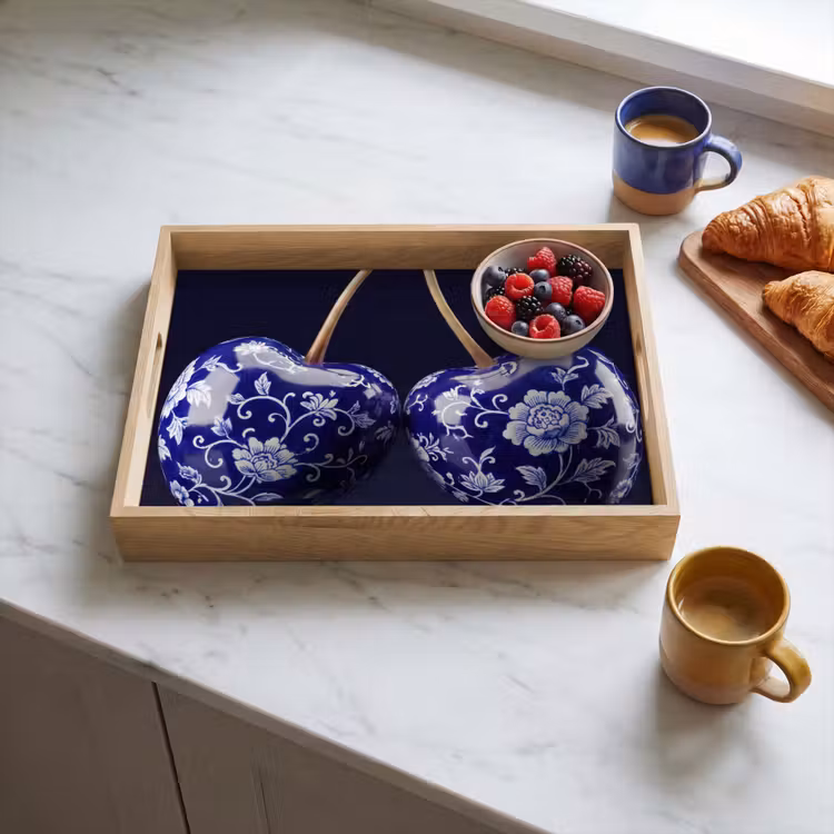Porselein- Kersen - Delfts - Blauw Dienblad Rechthoek middel -sfeer2