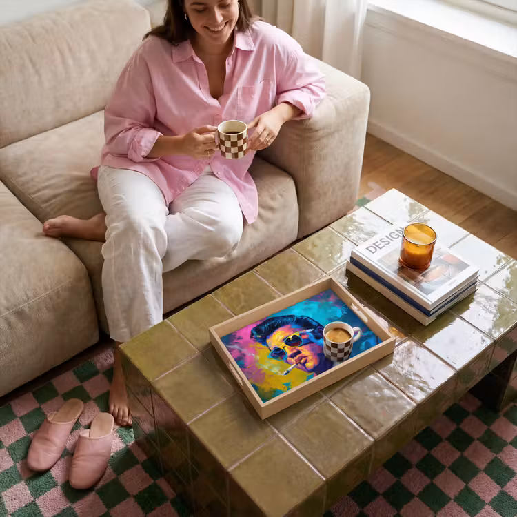 Portret - Sigaret - Kleurrijk - Bril Dienblad Rechthoek middel -sfeer3