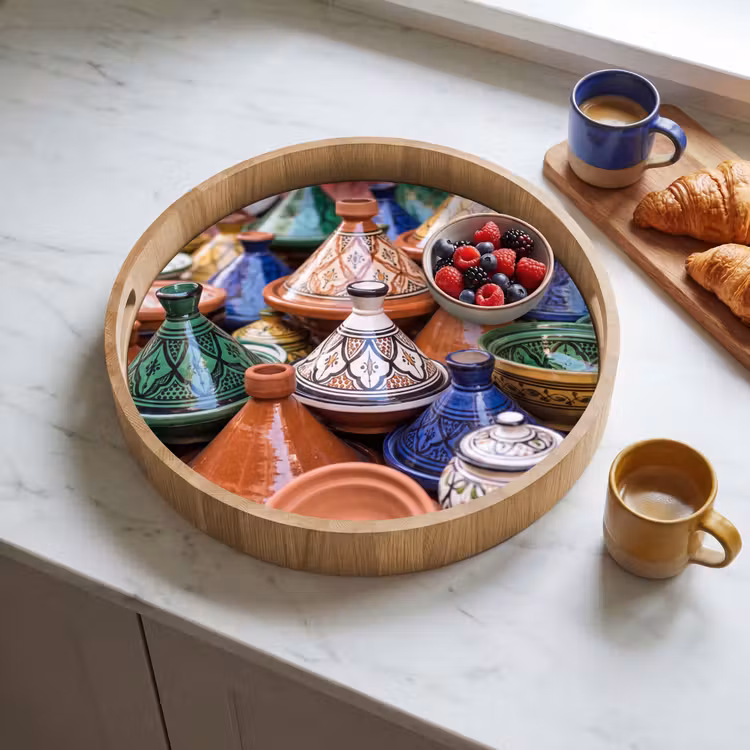 Tray - Pottery - Colorful - Pattern - Aardewerk - Kleurrijk - Patroon Dienblad Rond middel