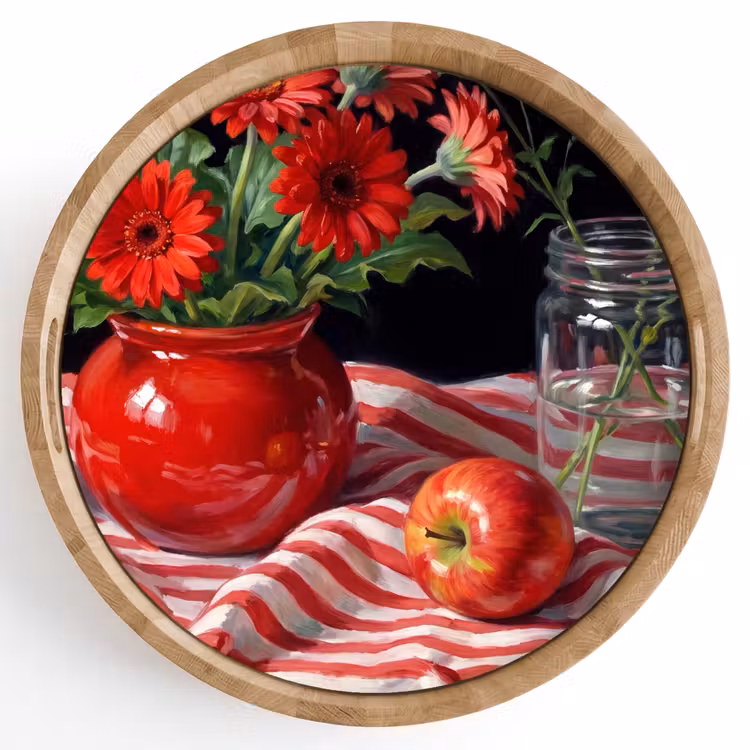 Tray - Red Flowers - Vase - Rode bloemen - Vaas Dienblad Rond middel