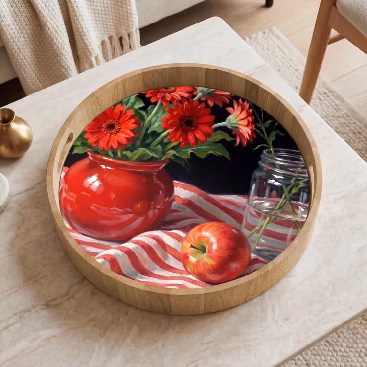 Tray - Red Flowers - Vase - Rode bloemen - Vaas Dienblad Rond middel