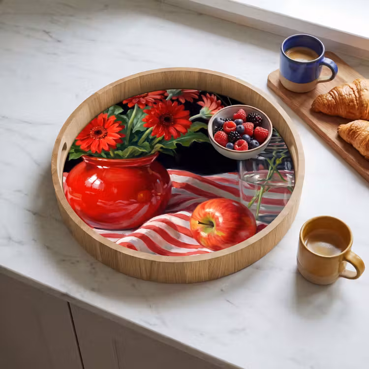 Tray - Red Flowers - Vase - Rode bloemen - Vaas Dienblad Rond middel