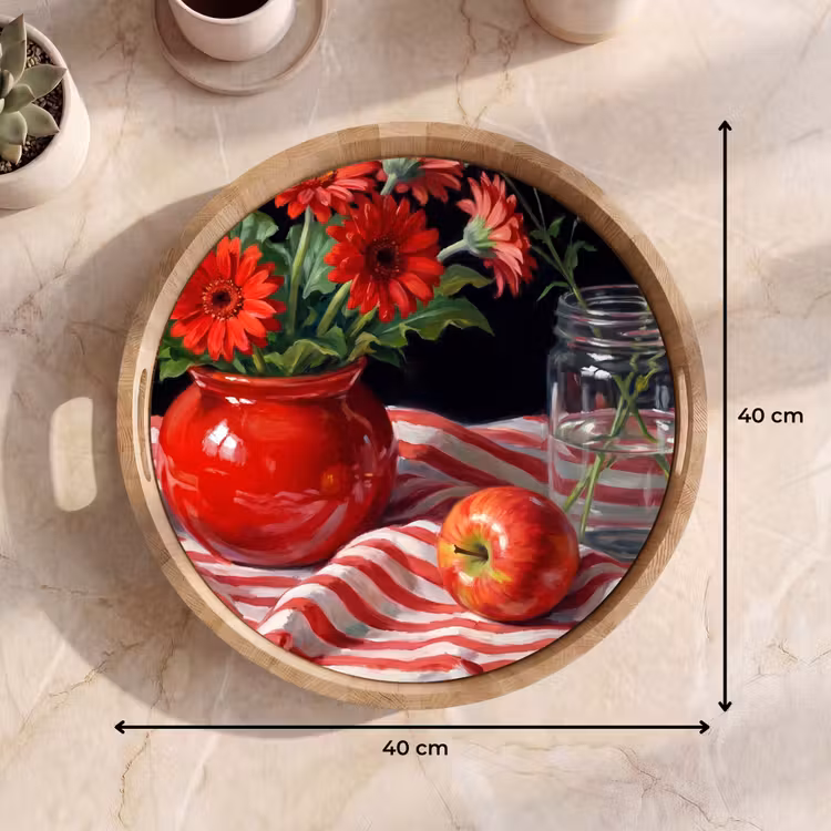 Tray - Red Flowers - Vase - Rode bloemen - Vaas Dienblad Rond middel