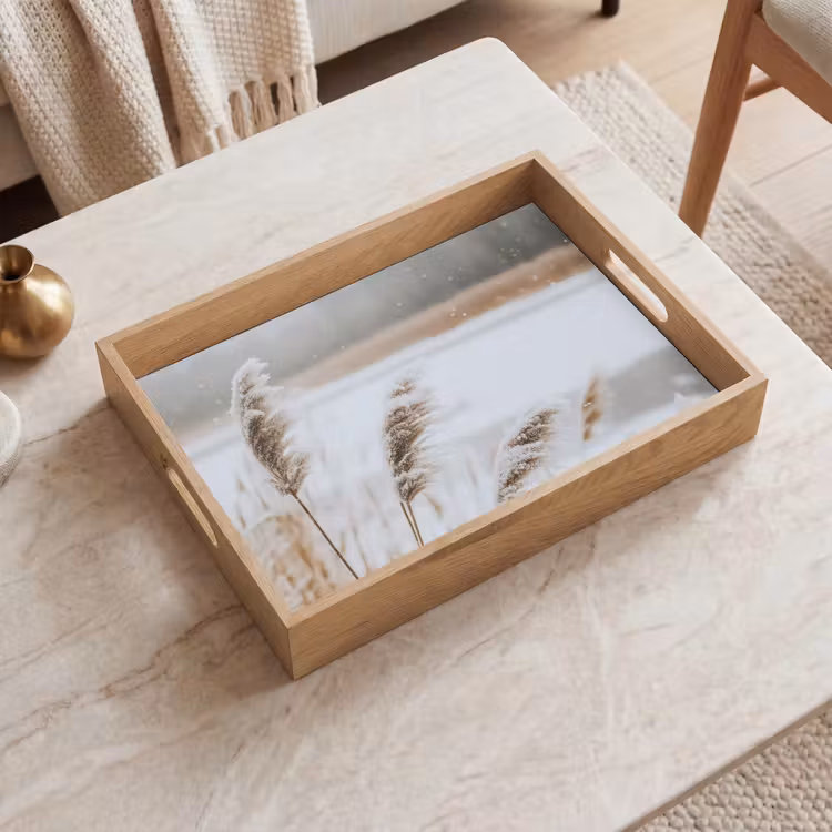 Riet - Meer - Winter - Natuur - Sneeuw - Beige Dienblad Rechthoek middel -sfeer1