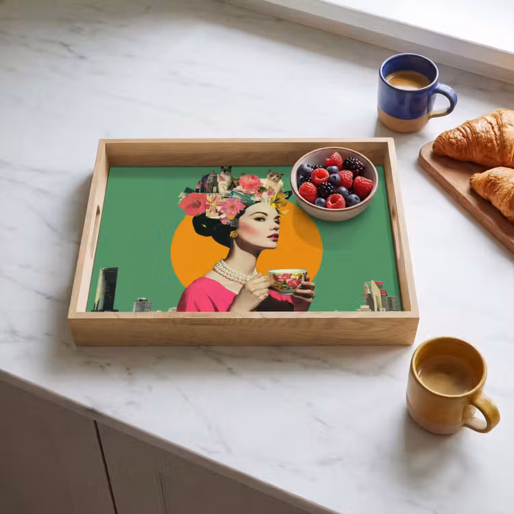 Retro - Vrouw - Stad - Zon Dienblad Rechthoek middel -sfeer2