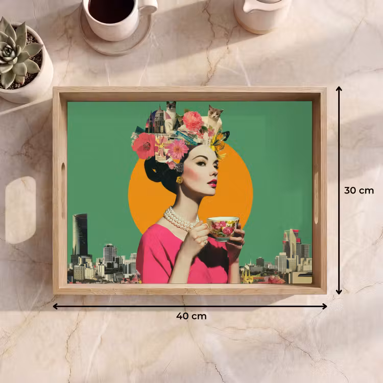 Retro - Vrouw - Stad - Zon Dienblad Rechthoek middel -USP_Formaat