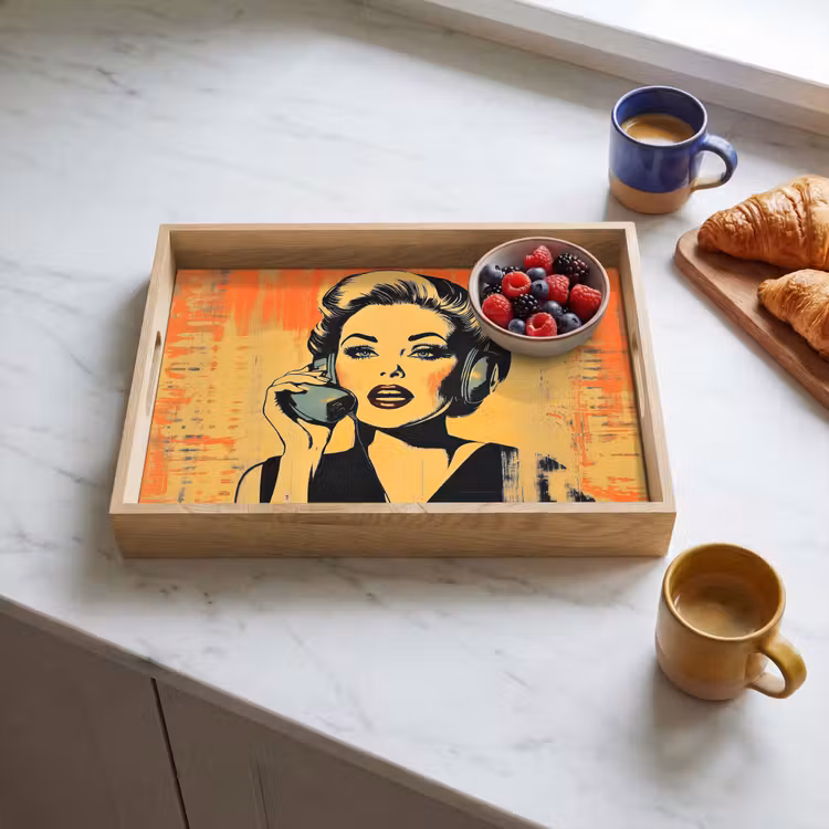 Retro - Vrouw - Koptelefoon - Oranje Dienblad Rechthoek middel -sfeer2