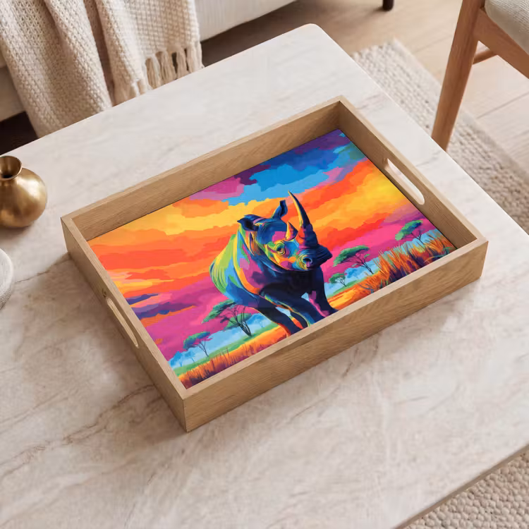 Neushoorn - Zonsondergang - Savanna - Kleurrijk Dienblad Rechthoek middel -sfeer1