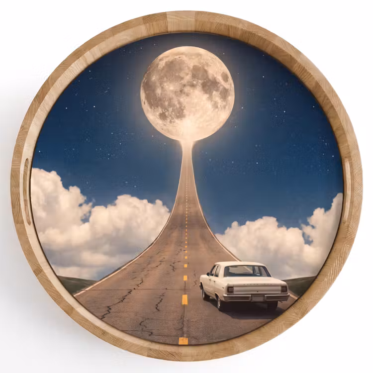 Tray - Road - Moon - Night - Weg - Maan - Nacht Dienblad Rond middel