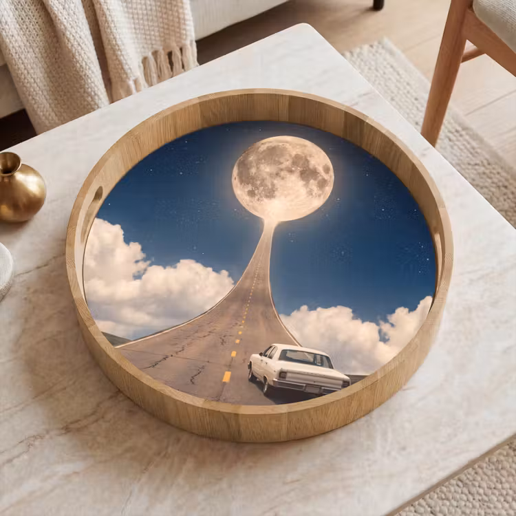 Tray - Road - Moon - Night - Weg - Maan - Nacht Dienblad Rond middel