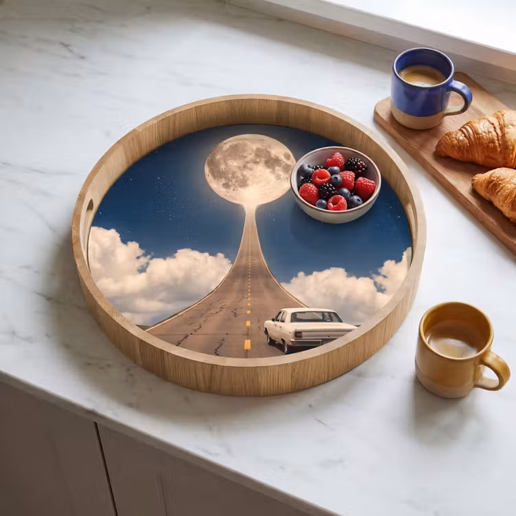 Tray - Road - Moon - Night - Weg - Maan - Nacht Dienblad Rond middel