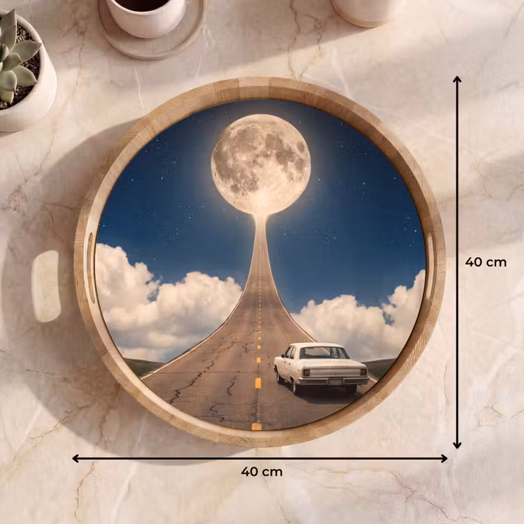 Tray - Road - Moon - Night - Weg - Maan - Nacht Dienblad Rond middel