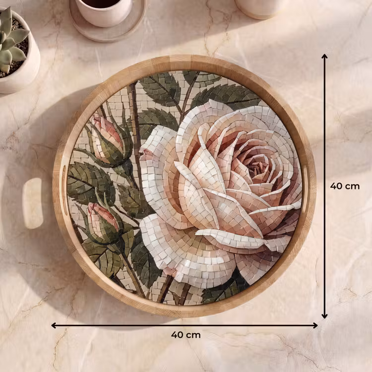 Roos - Mozaïek - Bloemen - Klassiek - Beige Dienblad Rond middel -USP_Formaat